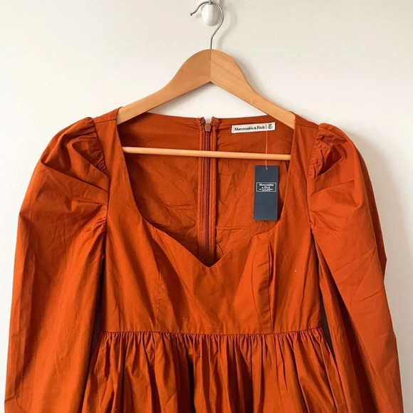 Abercrombie & Fitch Poplin Babydoll Long Sleeve Dress Burnt Orange Small Petite - Picture 5 of 8